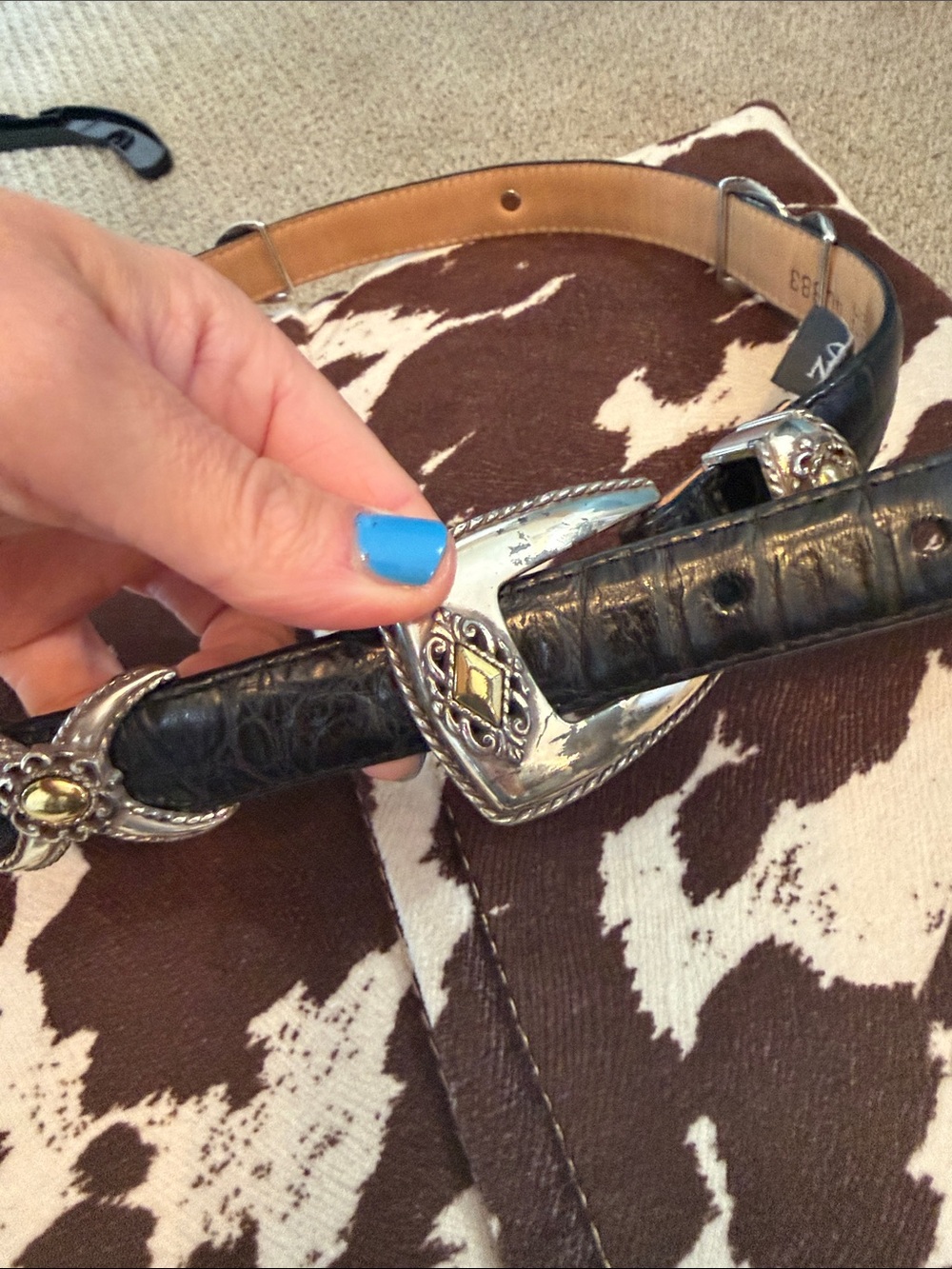 Vintage Brighton Black Leather Western Belt with Silver and Gold Accents